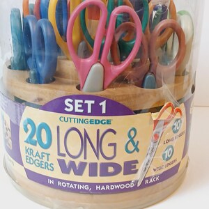 Juego de 20 tijeras decorativas para álbumes de recortes con borde kraft largo y ancho de vanguardia con estuche giratorio para manualidades de papel y tarjetas.
