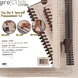 May include: A GBC ProClick Do It Yourself Presentation Kit. The kit includes a black binding spine and a white paper with pre-punched holes. The packaging shows the steps: print, bind, and present. The text on the packaging says "Quick edits" and "Pages lie flat."