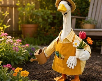 Gardener Goose Outfit, Porch Gooses Clothes with Hat, Tools, Scarf, Watering Can & Flower Pot Design for Spring Summer Garden Yard Decor