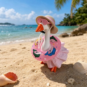 May include: A whimsical goose figurine on a sandy beach, wearing a straw hat, pink sunglasses, and a pink inflatable ring with cartoon sea creatures. The goose is also wearing a pink and white checkered dress.