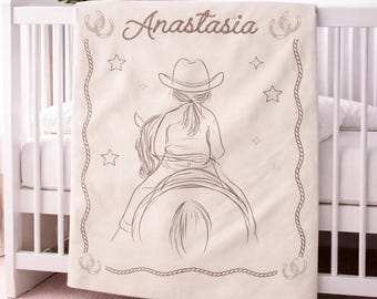 Personalized Cowgirl Baby Blanket Western Nursery Blanket Custom Name Horse Girl Blanket Rustic Baby Shower Gift