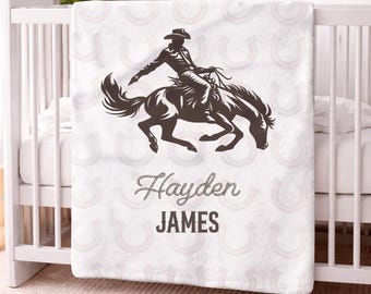 Manta de bebé personalizada de vaquero occidental con nombre personalizado, manta de rodeo para guardería, manta de cuna de caballo salvaje, regalo rústico occidental para bebé