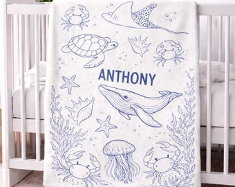 Personalized Ocean Baby Blanket Custom Name Nautical Nursery Blanket Whale Turtle Sea Life Baby Boy Girl Blanket