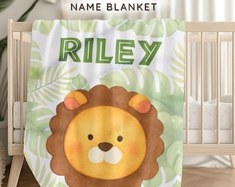 Personalisierte Löwe Baby Decke, Name Safari Kinderzimmer Decke, Dschungel Tier Baby Geschenk, Löwe Kinderzimmer Dekor