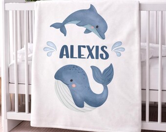 Personalized Whale Dolphin Baby Blanket Custom Name Ocean Nursery Blanket Nautical Baby Boy Girl Blanket Baby Shower Gift