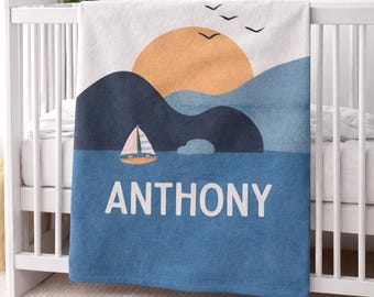 Personalized Sailboat Baby Blanket Custom Name Ocean Nursery Blanket Nautical Baby Gift Coastal Baby Throw
