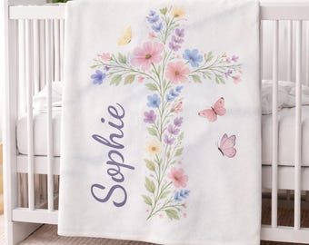 Personalisierte Taufe Baby Decke Blumenkreuz Name Christian Baby Decke Taufgeschenk für Mädchen