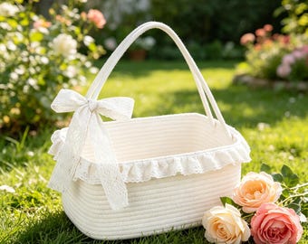 Woven Cotton Rope Gift Basket with Lace Trim, Reusable Storage Hamper