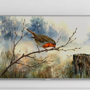 Könnte beinhalten: Gerahmtes Aquarellgemälde eines europäischen Rotkehlchens auf einem Ast. Der Vogel hat eine rote Brust und braune Federn. Der Hintergrund zeigt eine weiche, verschwommene Landschaft mit einem Baumstumpf.
