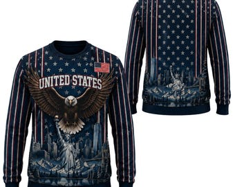 May include: A long-sleeved crewneck sweatshirt featuring a dark blue background with white stars and vertical red and white stripes. The front displays a bald eagle, the Statue of Liberty, a city skyline, and the text UNITED STATES.
