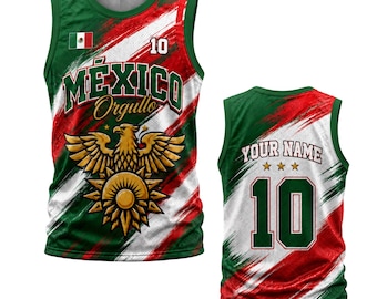 May include: A sleeveless basketball jersey featuring a green, white, and red diagonal brushstroke pattern. The front displays the text MEXICO Orgullo, a golden eagle emblem, and the number 10. The back shows the text YOUR NAME and number 10.