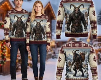Personalized Krampus Christmas Sweater, Gothic Ugly Xmas Pullover, Vintage Folk Horror Gift, Custom Name Holiday Knit