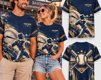 Personalized Baseball T-Shirt, Vintage Baseball Player Graphic Tee, Custom Name Baseball Fan Gift, All Over Print Shirt