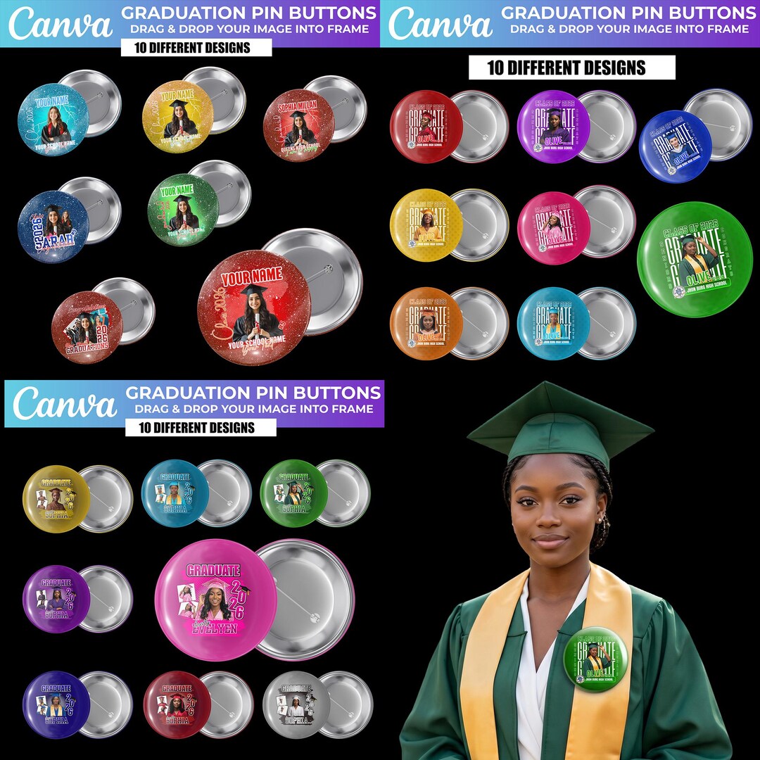 Graduation Pin Buttons Bundle Canva Template Class of 2026 Button Badge ...