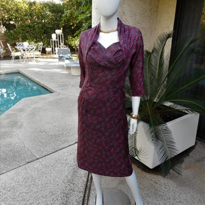 Vintage 1960's Cresta Couture Red & Grey Print Silk Dress Size 8 image 1