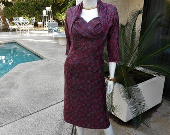 Vintage 1960's Cresta Couture Red & Grey Print Silk Dress - Size 8