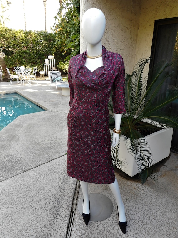 Vintage 1960's Cresta Couture Red & Grey Print Si… - image 1