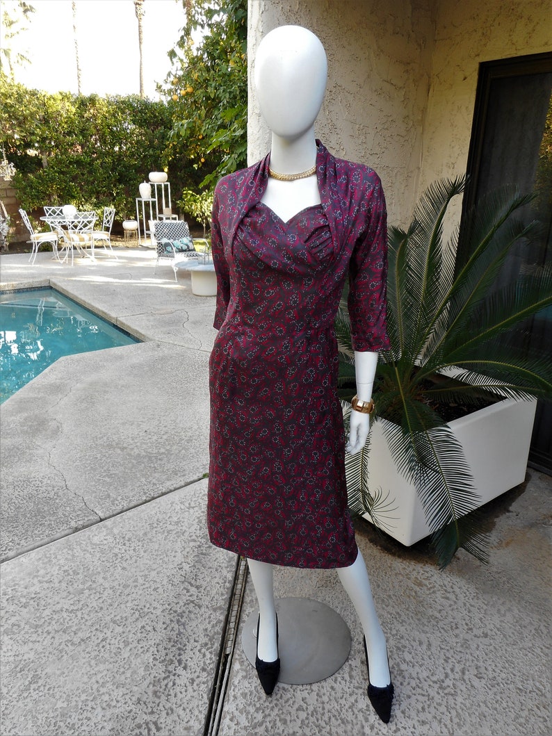 Vintage 1960's Cresta Couture Red & Grey Print Silk Dress Size 8 image 1