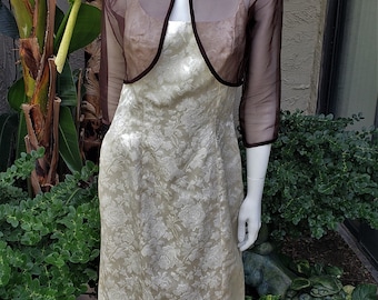 Vintage 1960's Elise Eberly Originals Ivory & Silver Metallic Brocade Dress with a Brown Organdy Bolero Jacket - Size 8