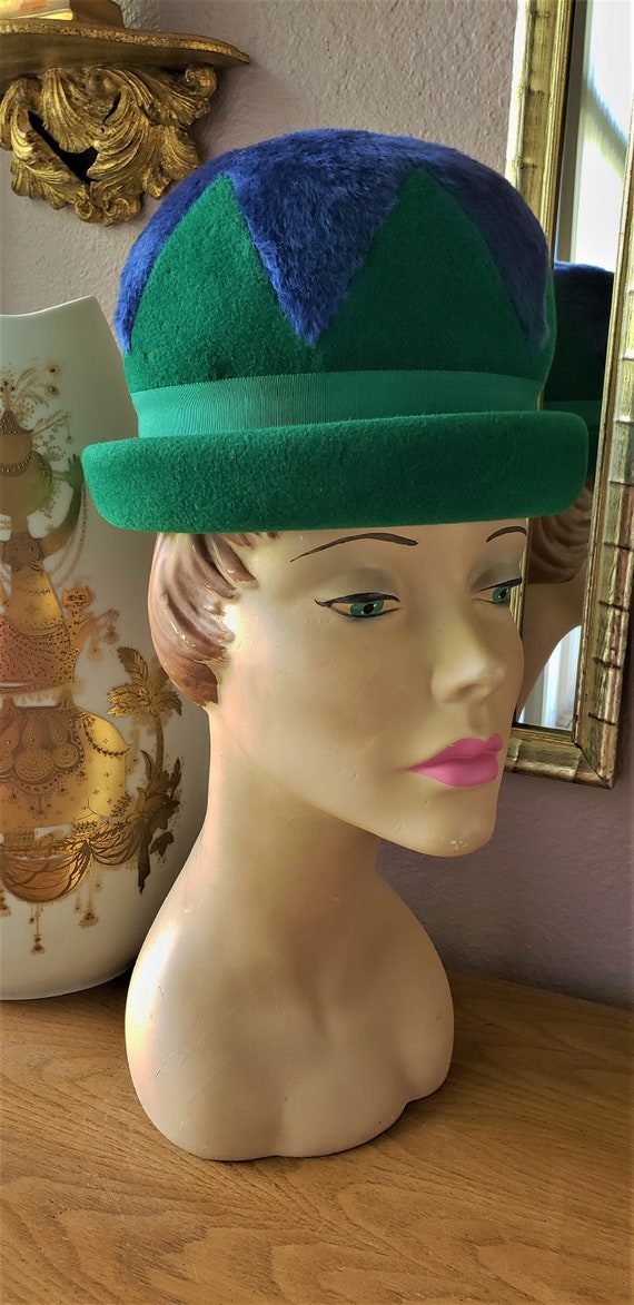 Vintage 1960's Oleg Cassini Green/Blue Felt Hat