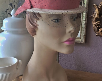 Vintage 1960's Beige Woven Hat with Salmon Pink Grosgrain Trim and a Navy Blue Mesh Veil