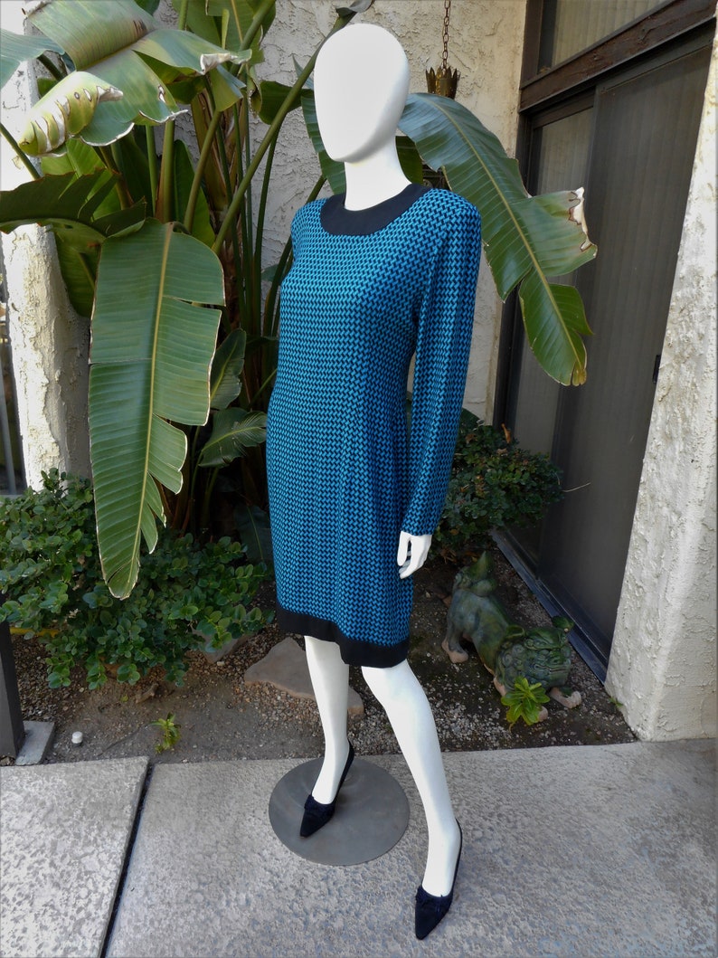 Vintage 1980's Marvin Singer for Depeche Mode Teal Blue & Black Dress Size 14 image 3