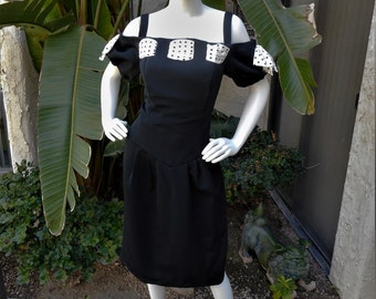 Vintage 1980's Black Off the Shoulder Dress with Polka Dot Bows - Size 10