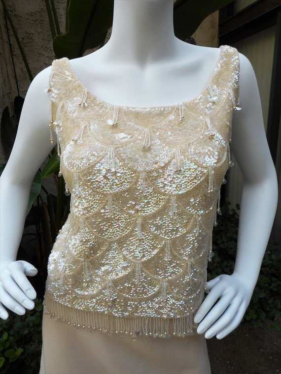 Vintage 1960's Ivory Beaded Tank - Size 6 - image 2