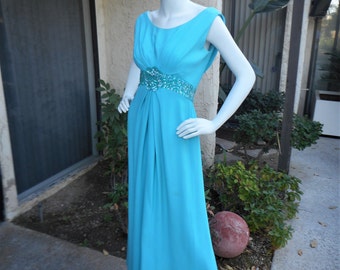 Vintage 1960's Emma Domb Turqouise Evening Dress - Size 10