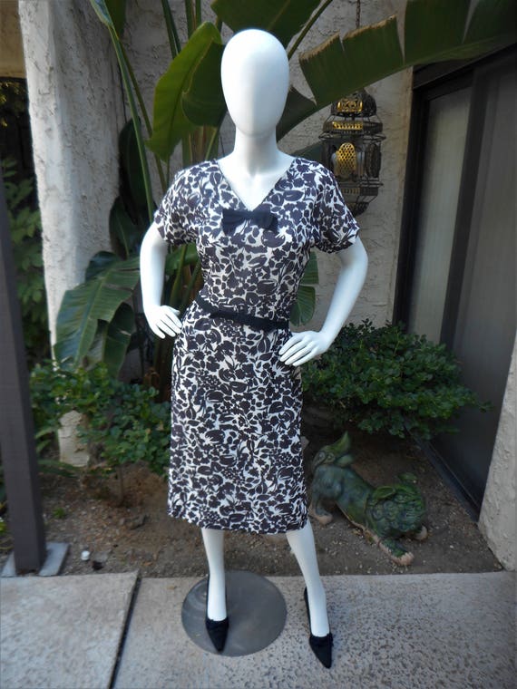 Vintage 1950's Black and White Print Dress - Size… - image 1