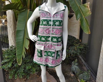 Vintage 1970's Harriman Green & Pink Floral Zip Front Sleeveless Dress - Size 4