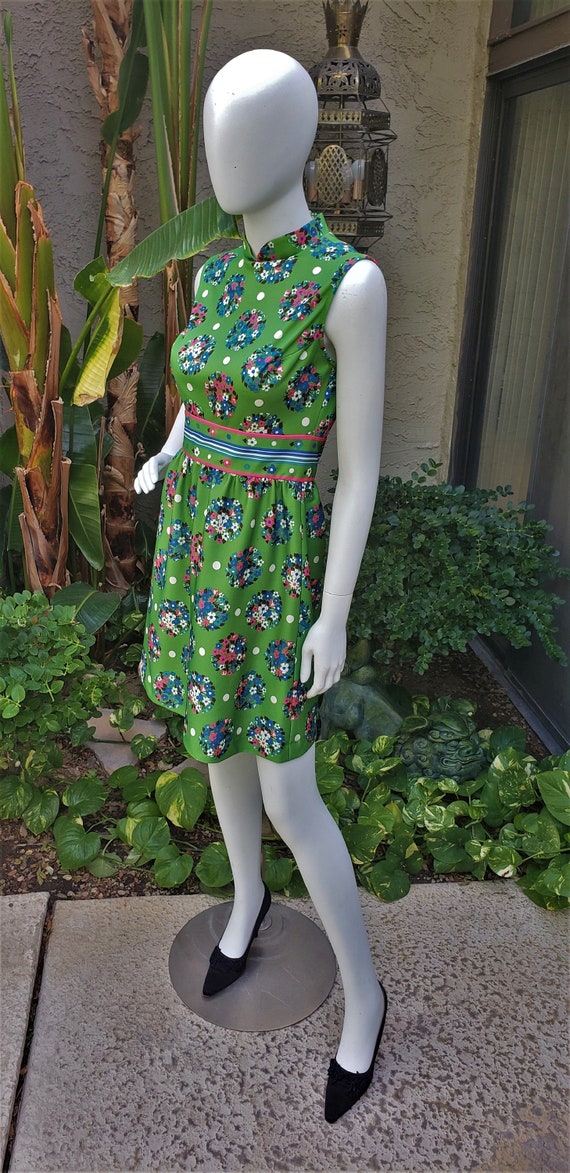 Vintage 1970's Yves Jennet Green Floral Dress - S… - image 3