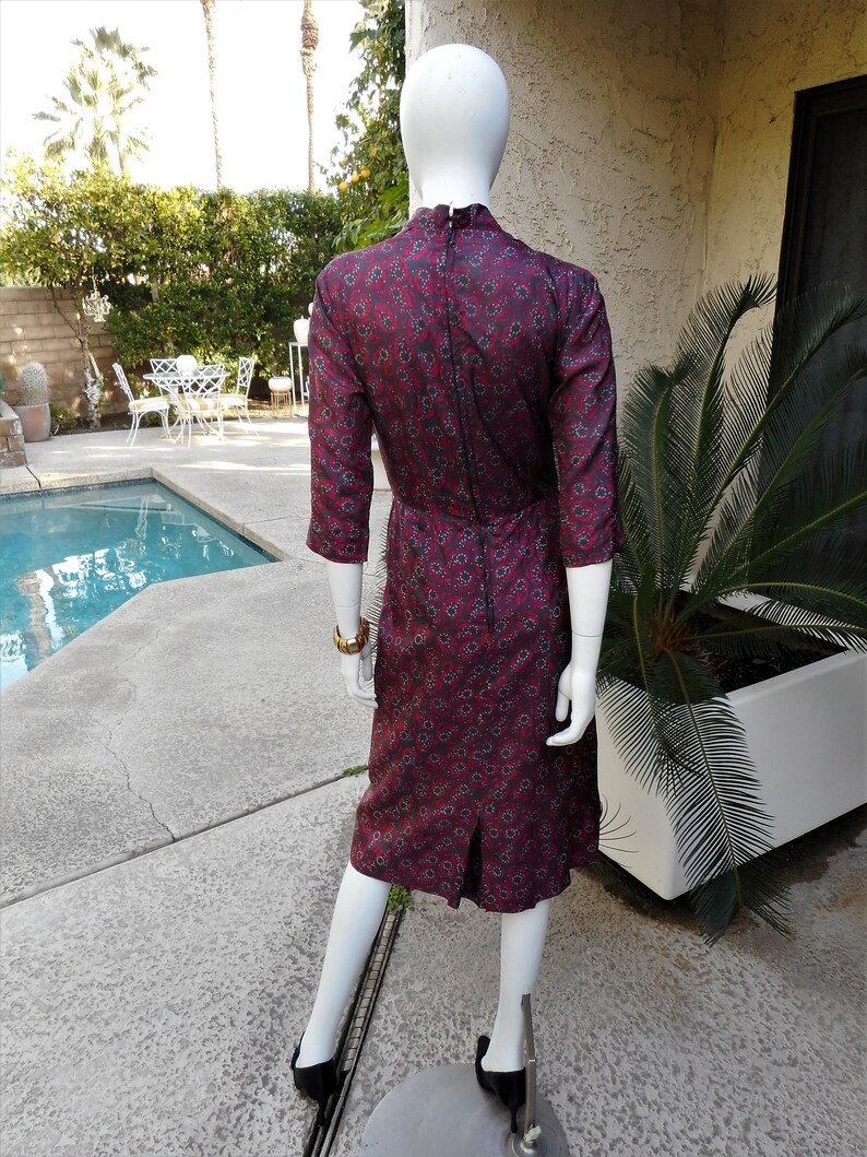 Vintage 1960's Cresta Couture Red & Grey Print Silk Dress Size 8 image 3