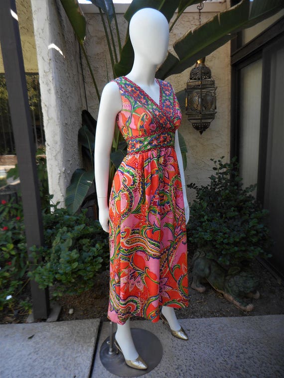 Vintage 1960's Orange & Pink Paisley Dress - Size… - image 4