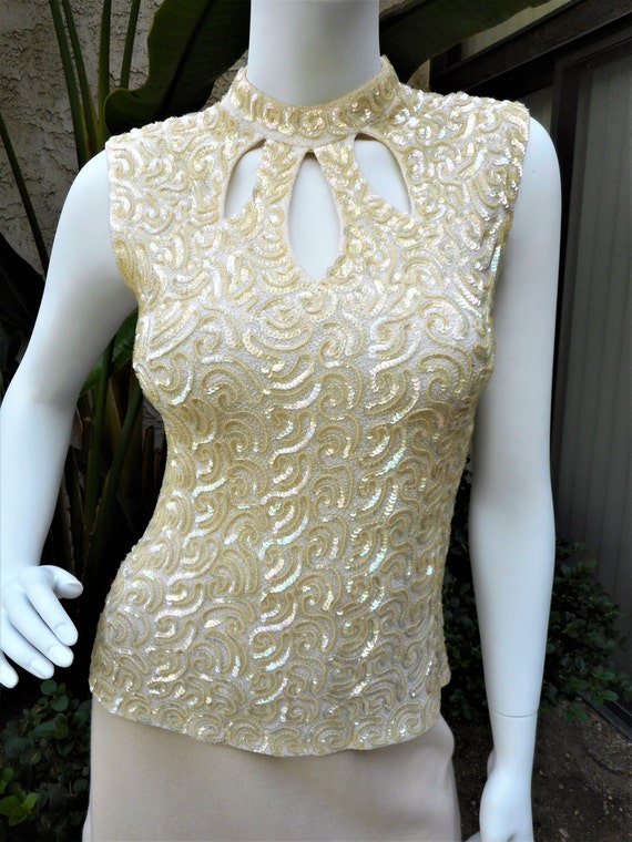 Vintage 1960's Tobi Cream Colored Sequin Sleevele… - image 2