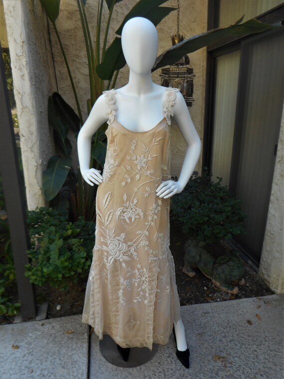 Vintage 1920's Beige Embroidered Net and Lace Eve… - image 1