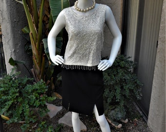 Vintage 1960's Winter White Sequinned/Beaded Sleeveles Top - Size 10