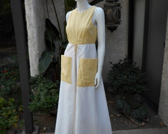 Vintage 1970's Les Wilk White & Yellow Gingham Sleeveless Dress- Size 10