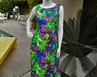 Vintage 1960's Pacific Isle Blue & Green Floral Print Hawaiian Style Dress - Size 6