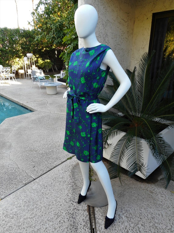 Vintage 1960's Blue & Green Floral Print Dress - … - image 1