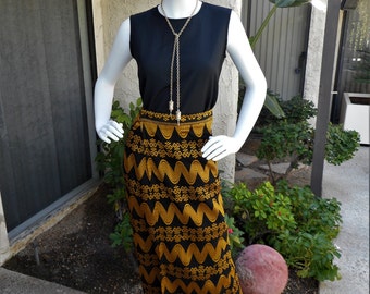 vintage Black & Gold Ethnic Woven Print Adjustable Wrap Skirt - One Size
