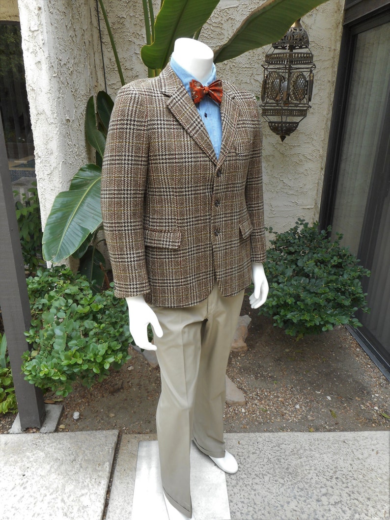 Small 1970s Brown Wool Coat Green Tweed Mod Military Inspired