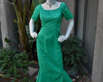 Vintage 1960's Homemade Green Jacquard Evenig Gown - Size 10