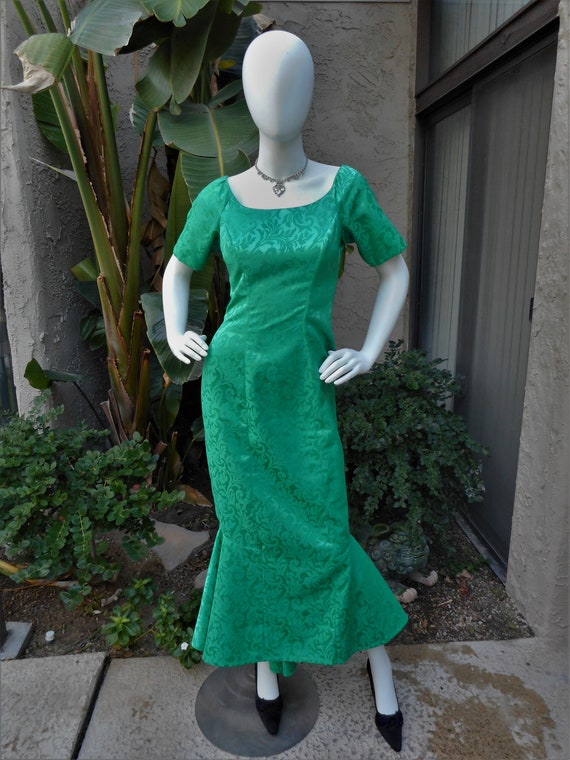 Vintage 1960's Homemade Green Jacquard Evenig Gow… - image 1