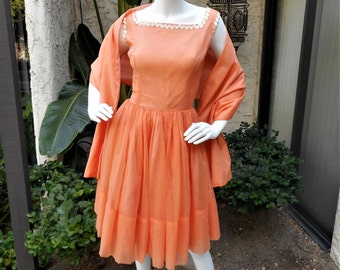 Vintage 1960's Orange Chiffon Party Dress with Matching Shawl - Size 4