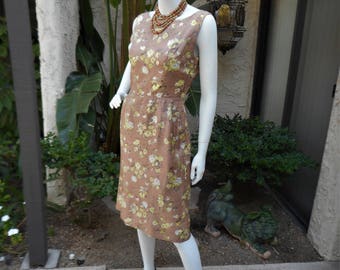 Vintage 1960's Brown Floral Dress - Size 6