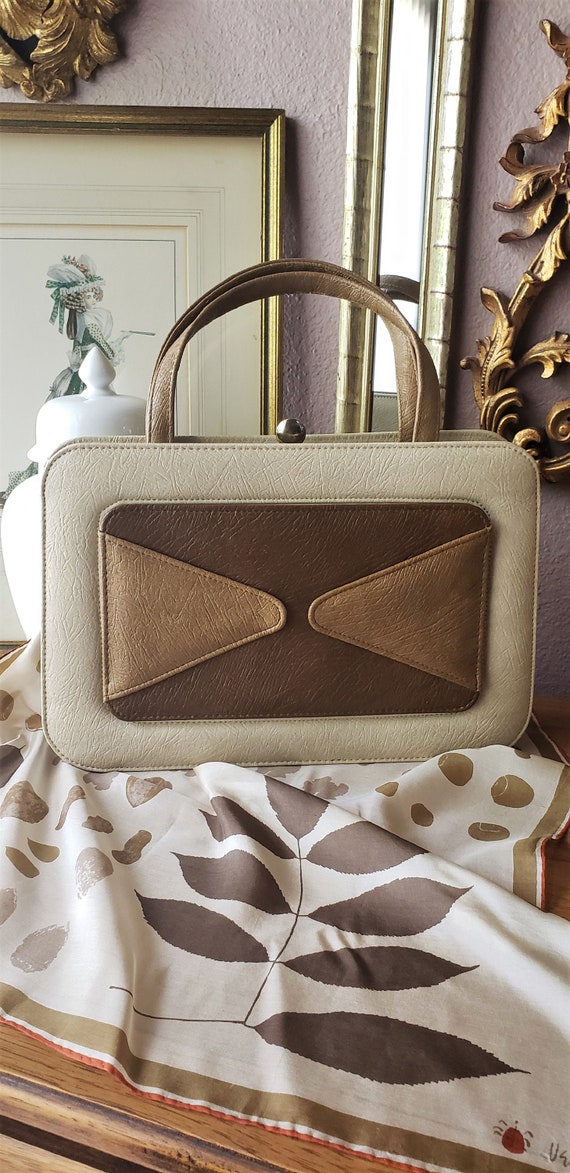 Vintage 1970's Beige & Brown Vinyl Handbag