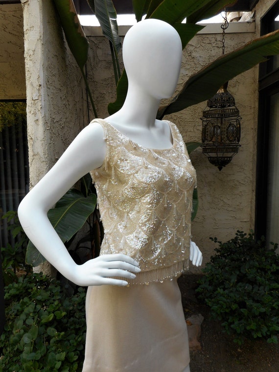 Vintage 1960's Ivory Beaded Tank - Size 6 - image 3