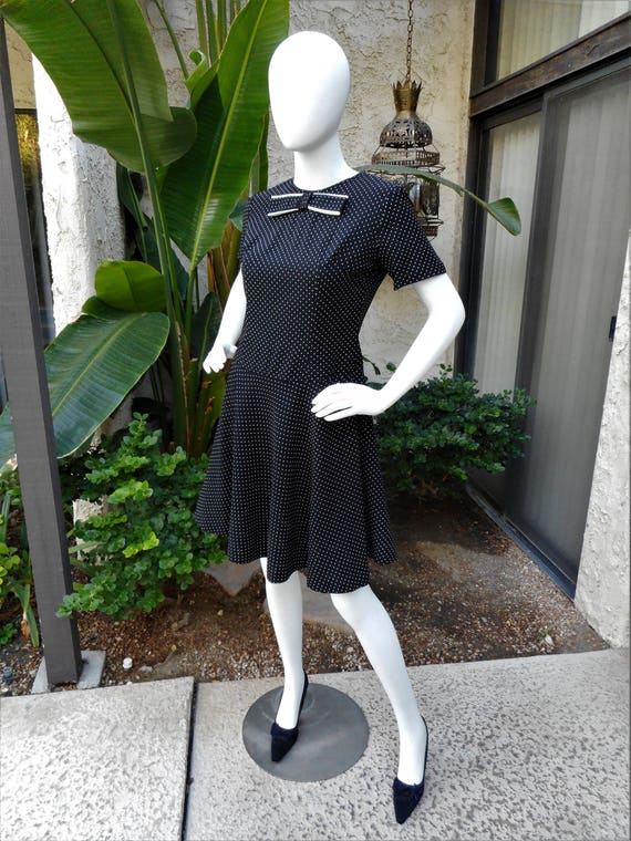 Vintage 1960's Black Polka Dot Dress - Size 10 - image 1