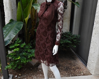 Vintage 1960's Emma Domb Brown Lace Dress - Size 4